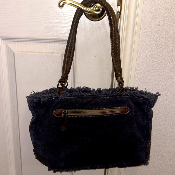 MYRA🌻BAG BOHO Blue Floral Canvas Navy Denim💙Brown LEATHER Handles & Accents - Picture 4 of 16